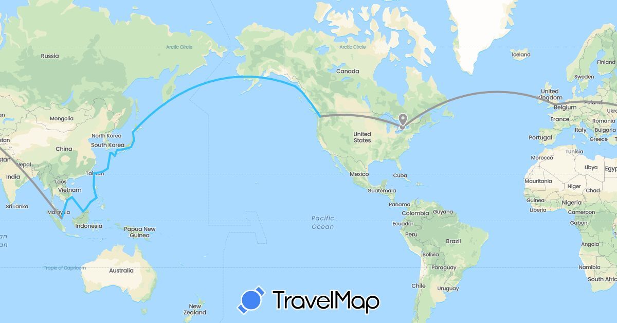TravelMap itinerary: driving, plane, boat in Brunei, Canada, United Kingdom, Japan, Malaysia, Philippines, Singapore, Taiwan, United States, Vietnam (Asia, Europe, North America)